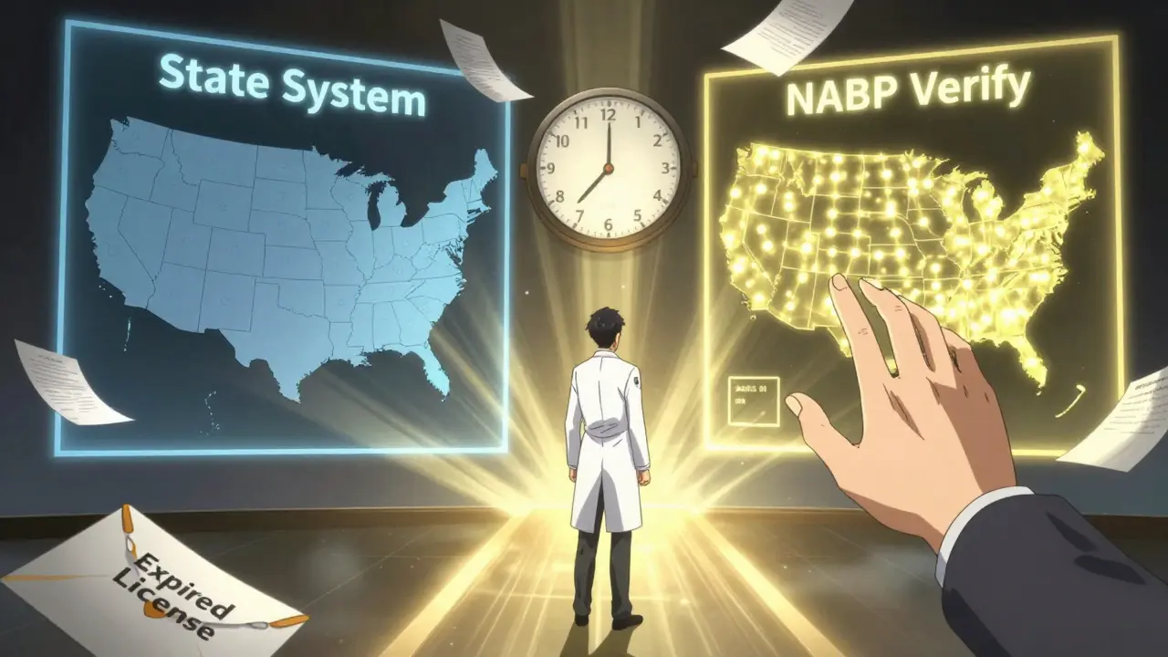 A pharmacist choosing between a single-state verification portal and the nationwide NABP Verify system with real-time and delayed updates shown visually.