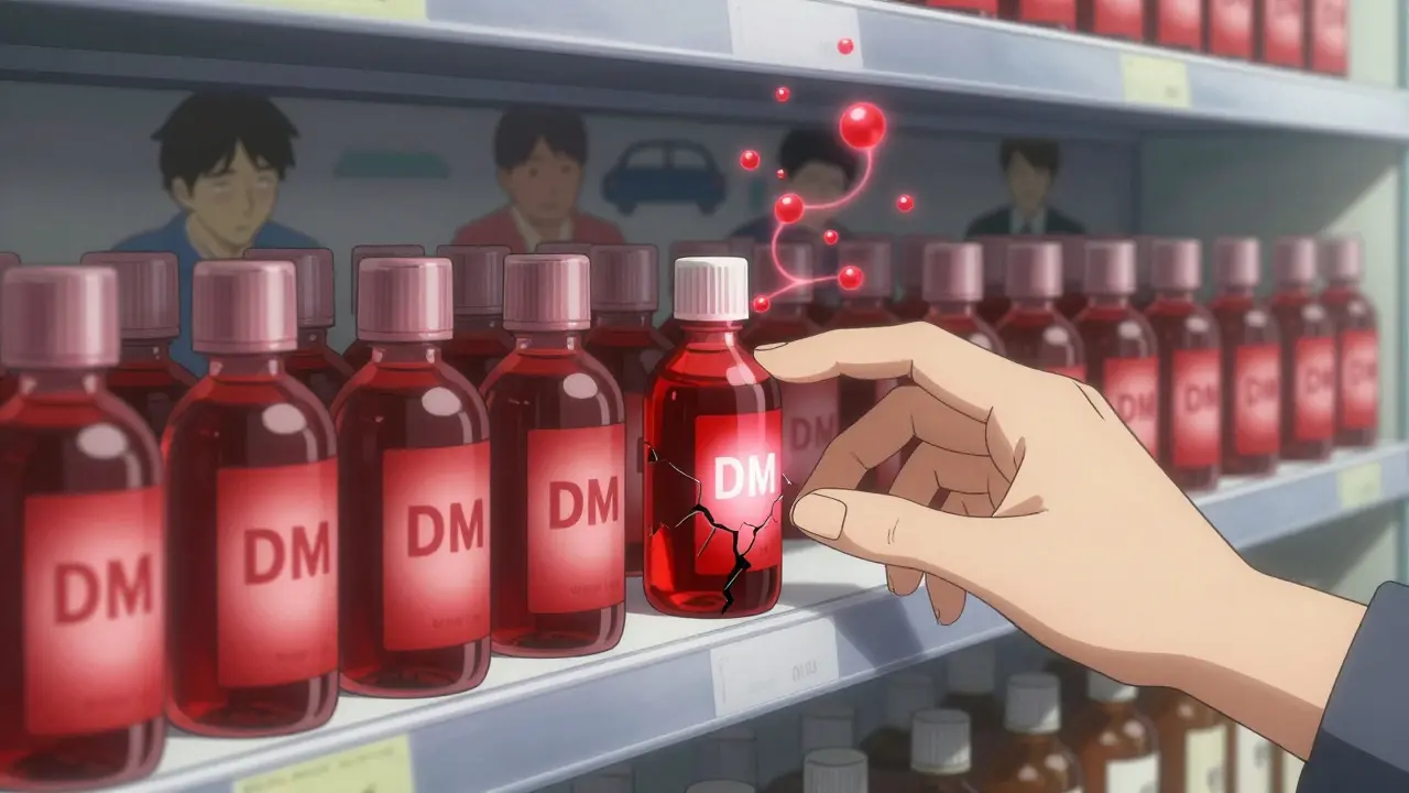 A pharmacy shelf with cough syrup bottles labeled 'DM' glowing red, one cracked open releasing toxic molecules.