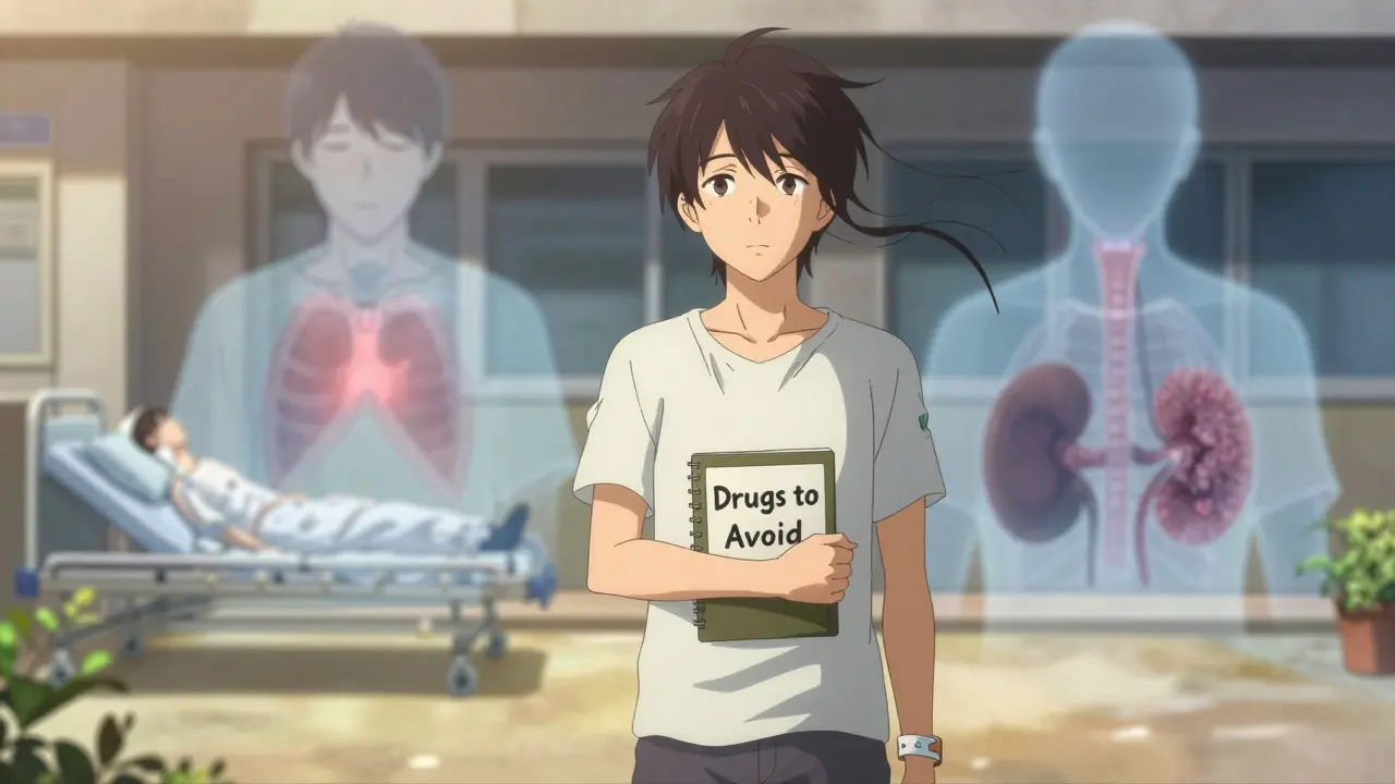 A survivor in sunlight holding a drug avoidance list, with ghostly images of past hospitalization and organ damage behind them.