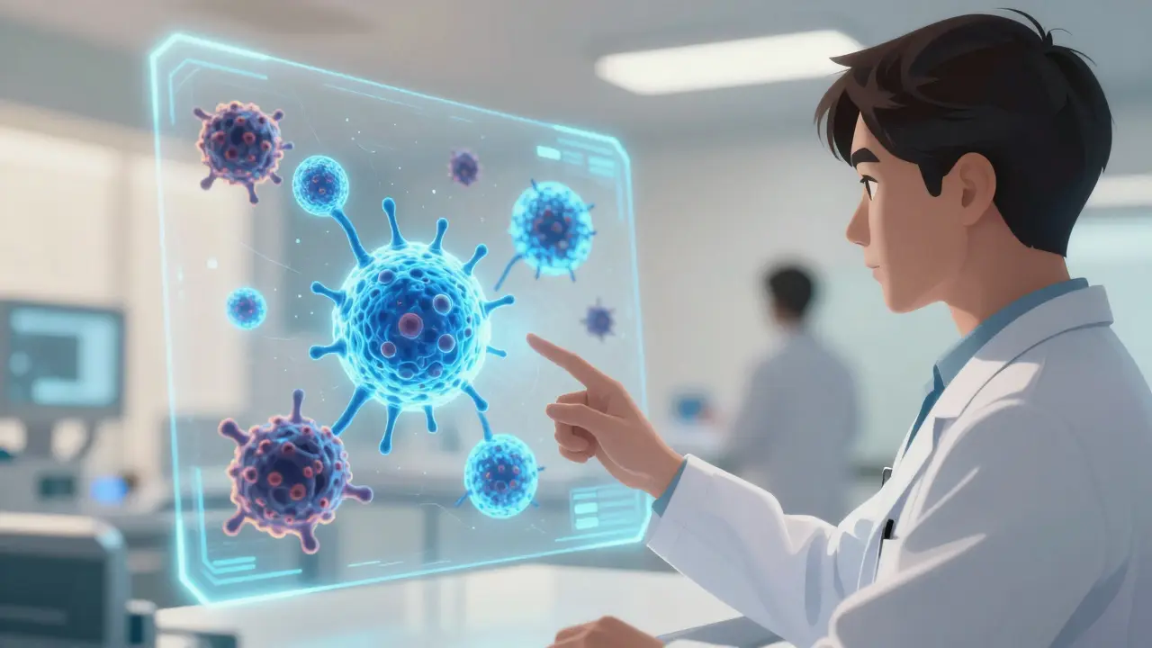 Abstract immune cells fighting disease in bright medical setting