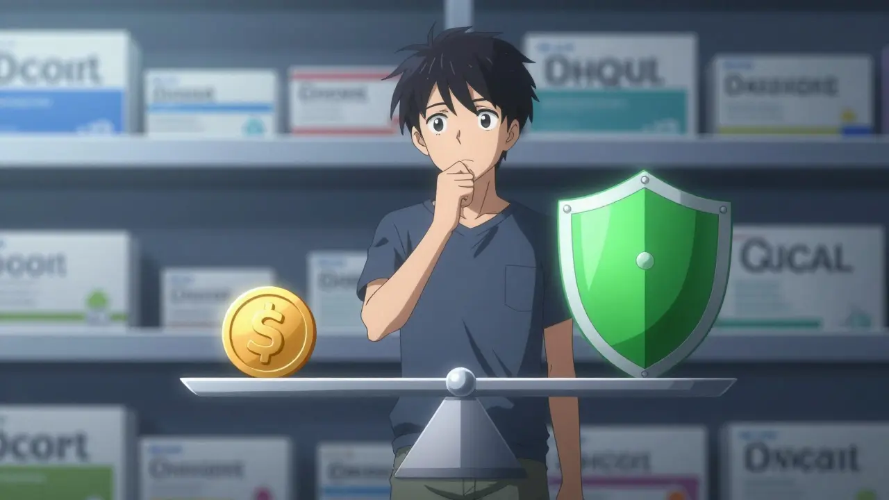 Anime character weighing cost versus symptom relief benefits on a scale.