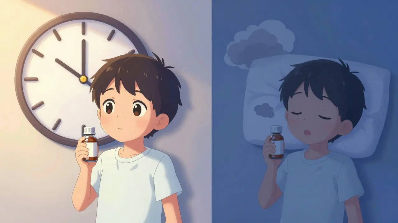 Anime child staying active through night thanks to long-lasting allergy relief.