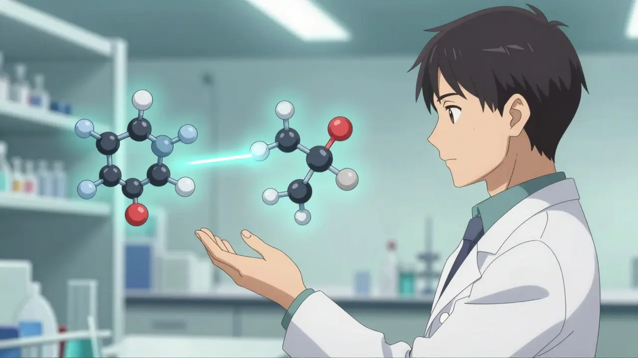 Anime pharmacist looking at identical glowing molecules floating in a lab.