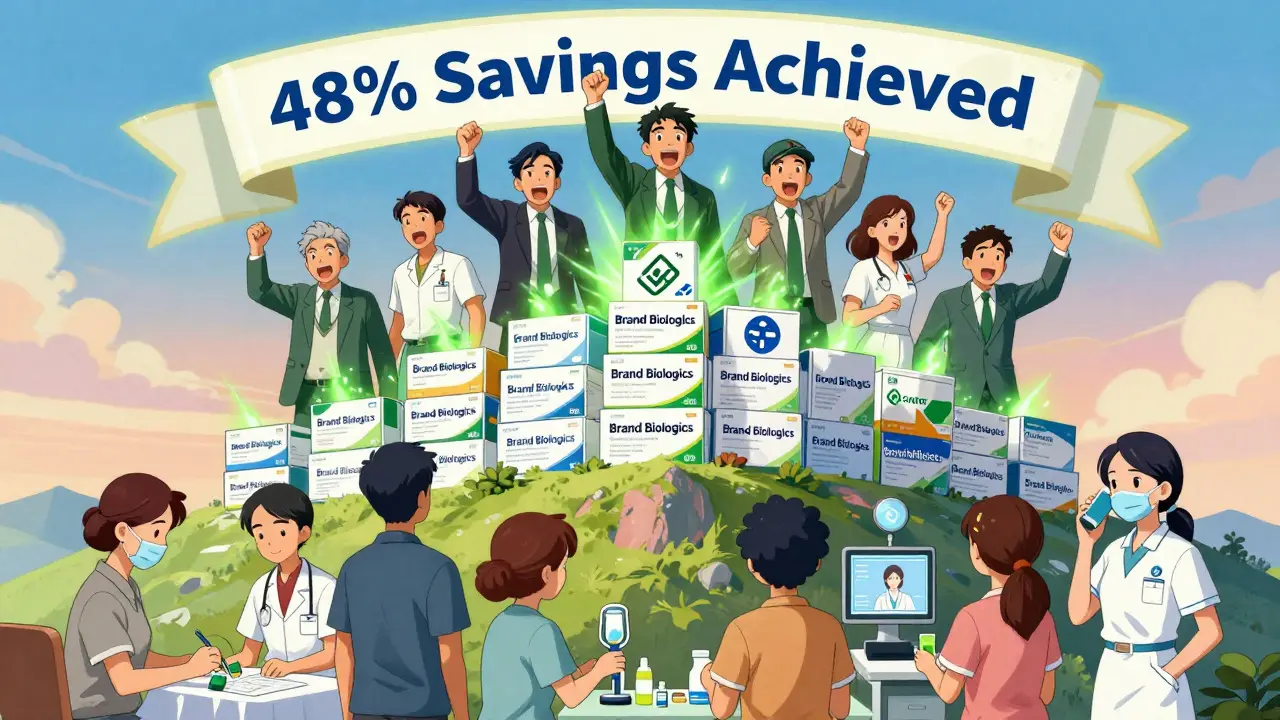 Employer team replacing expensive drugs with biosimilars and home infusions as patients receive care, 48% savings shown.