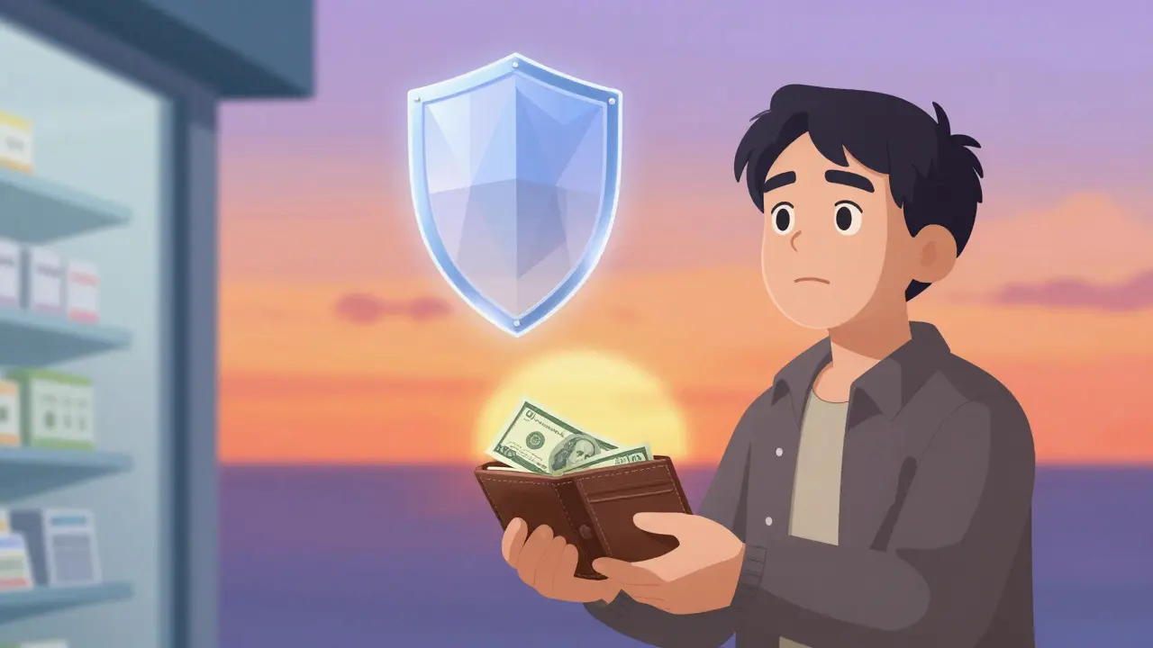Person holding wallet near pharmacy with a shield icon over head, sunset background.