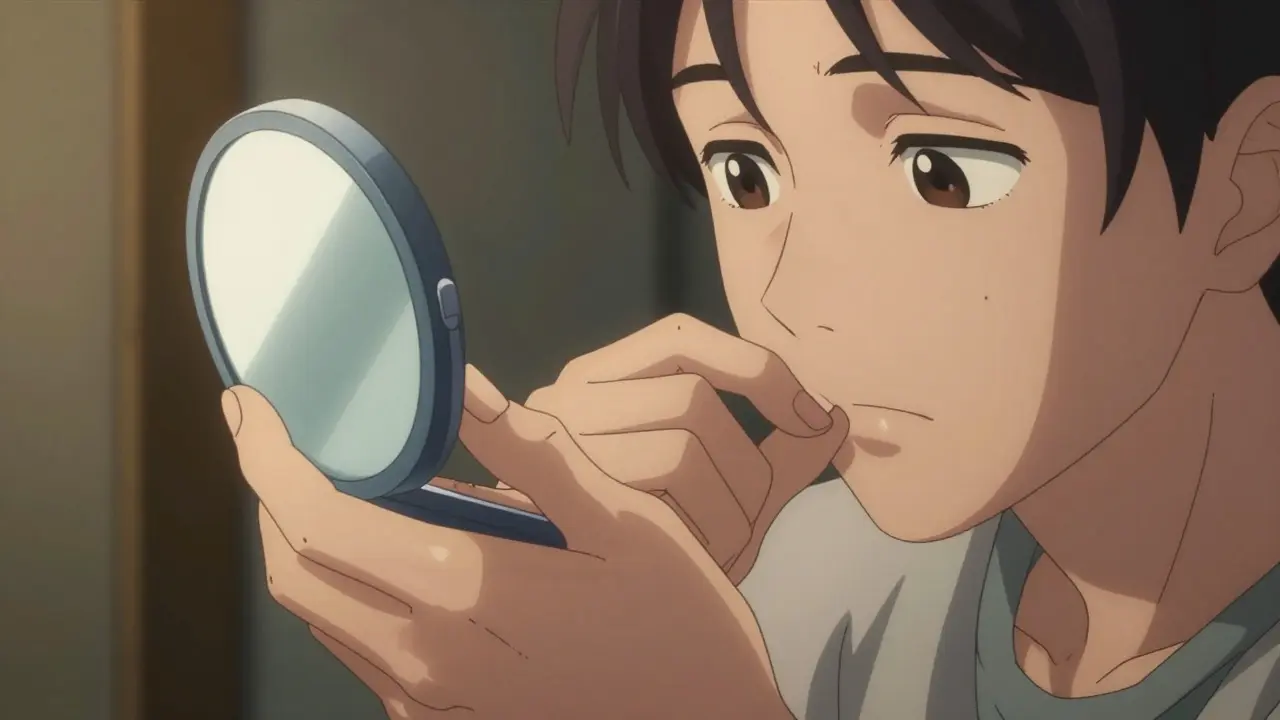 Person using a mirror to check skin moles for irregular spots