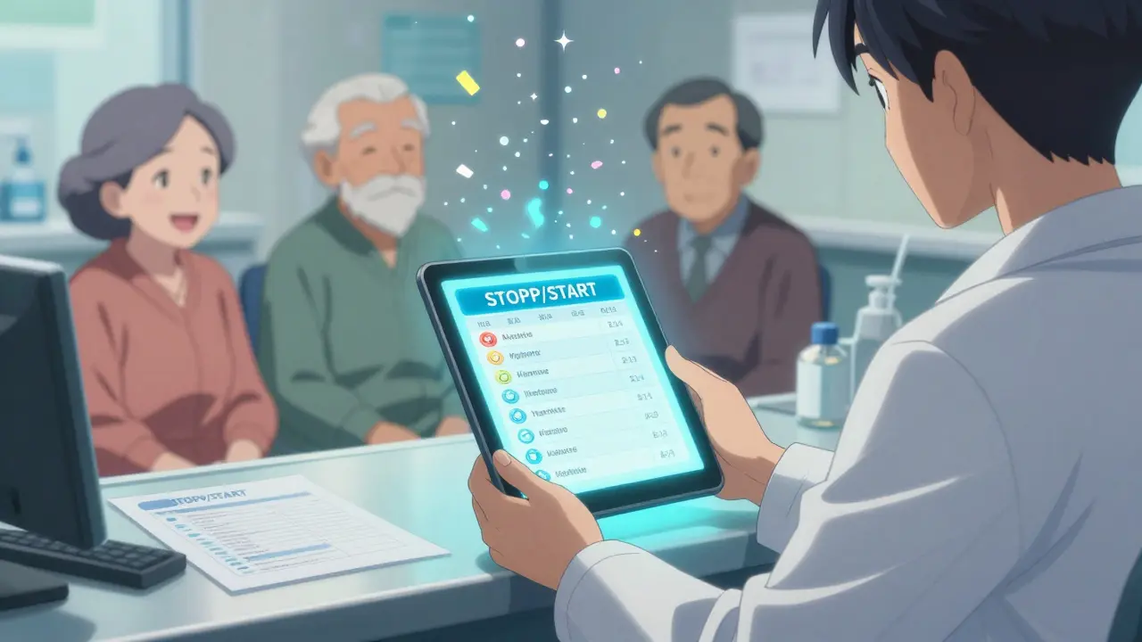 Pharmacist using digital checklist to help seniors reduce medications, pills turning to confetti.