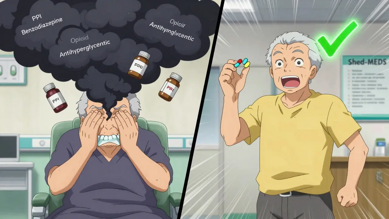 Two elderly patients: one burdened by pills, one free and energetic with a green checkmark.