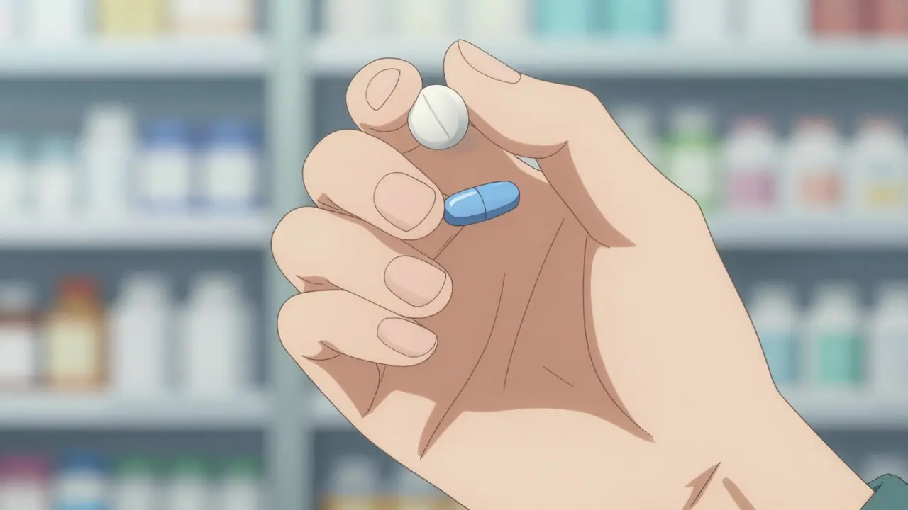 A hand holding a white and a blue pill to show visual differences.