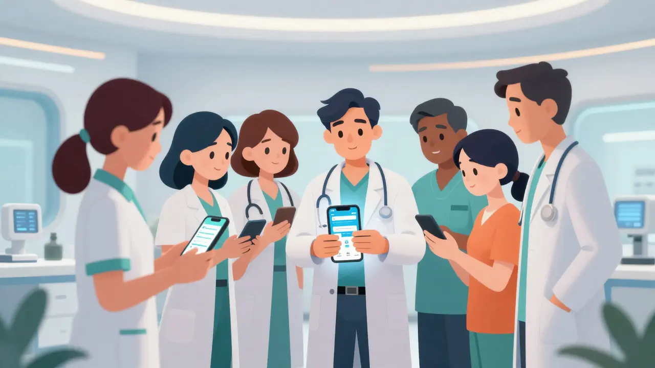 Anime depiction of healthcare users utilizing a unified, futuristic medical safety app in a clinic.