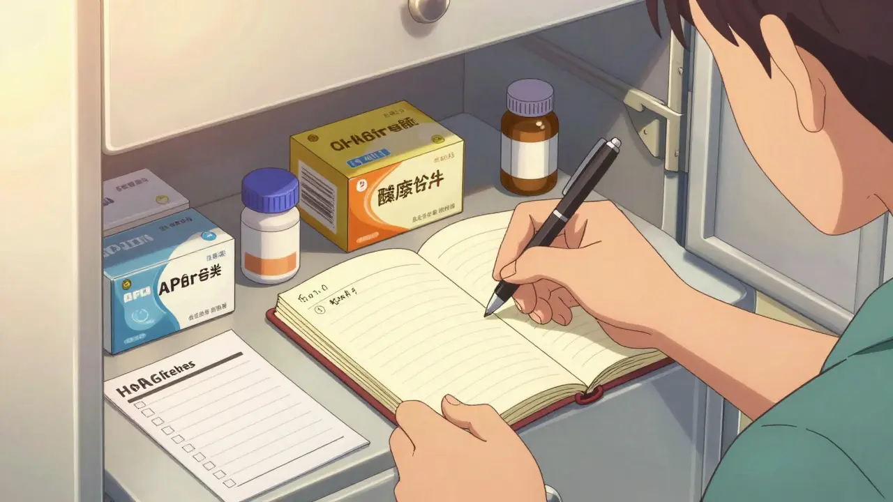 Anime person organizing a medication log and health records in a bright room