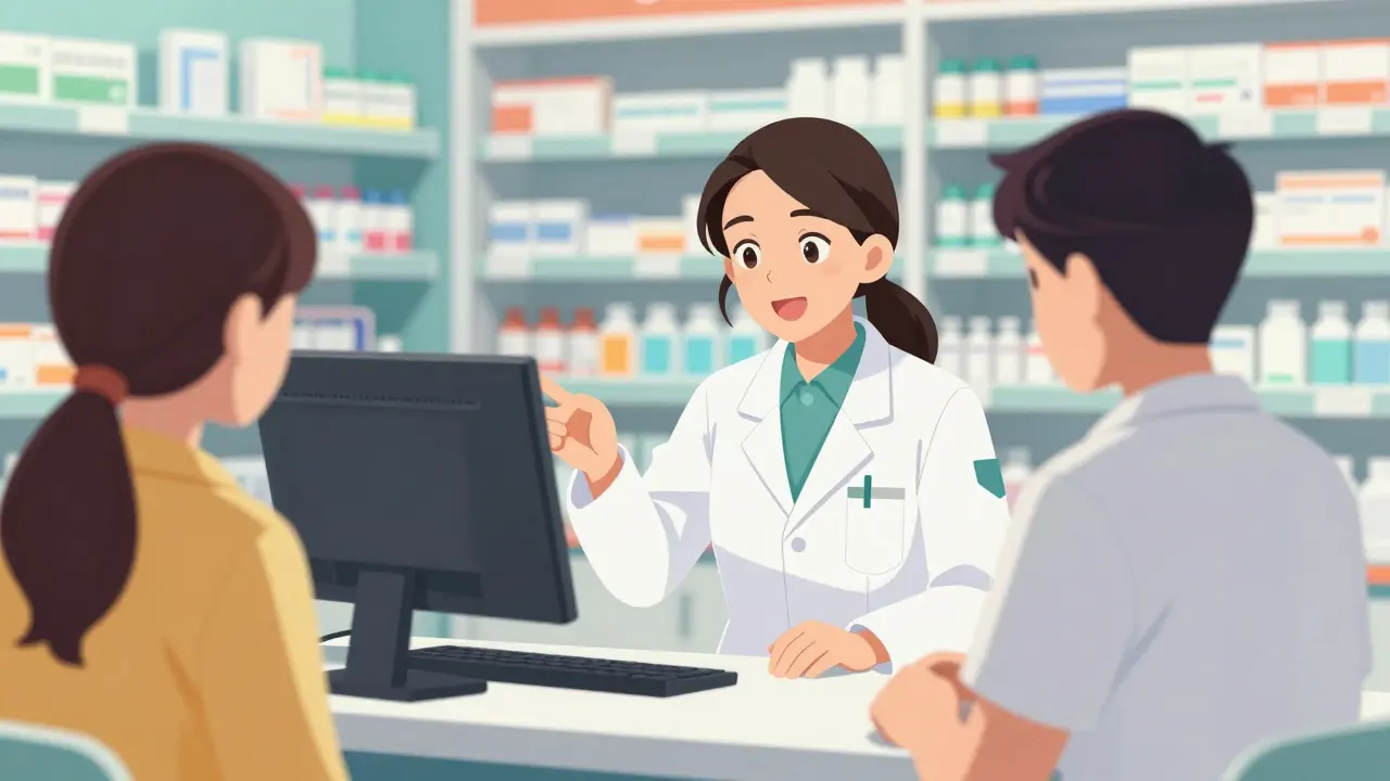 Anime pharmacist explaining medication recall details to a patient at a counter