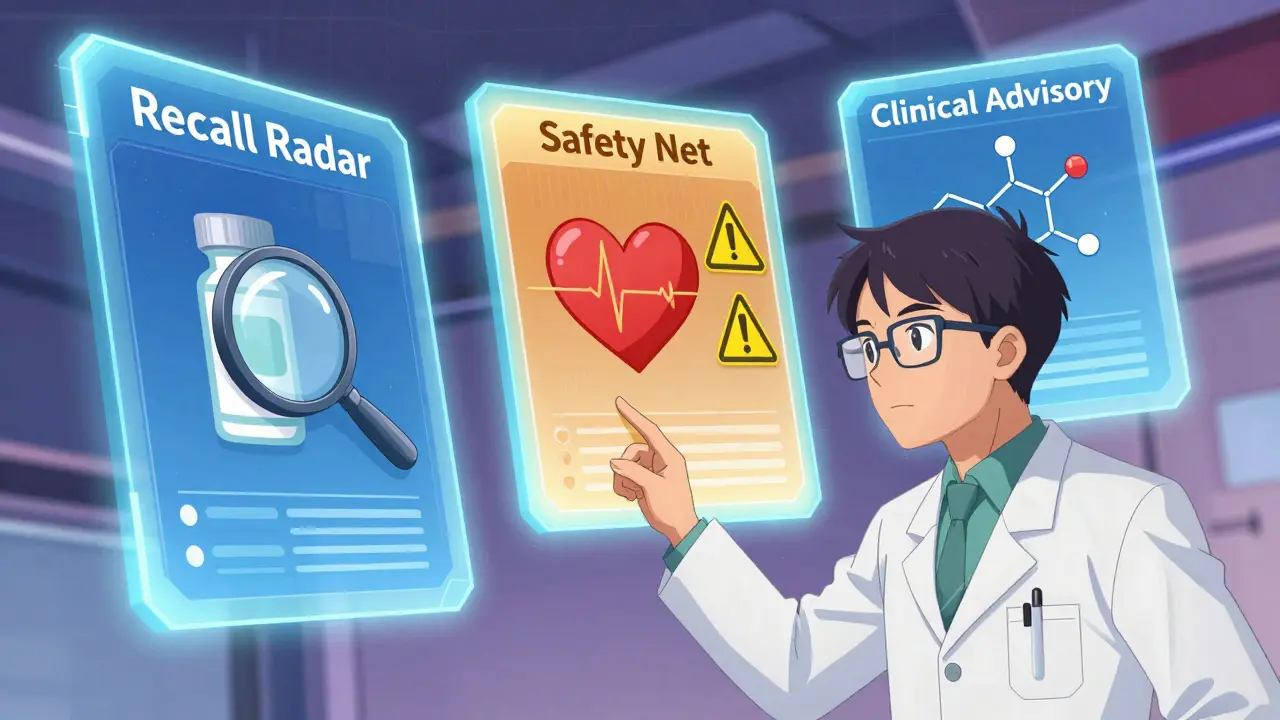 Anime pharmacist interacting with three holographic screens representing different FDA safety alerts.