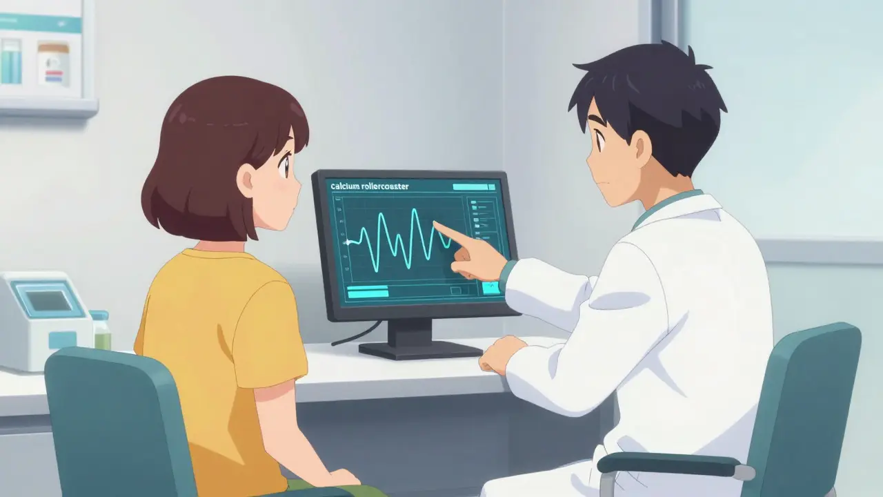 Anime scene of a patient and doctor discussing calcium level fluctuations using a wave chart.