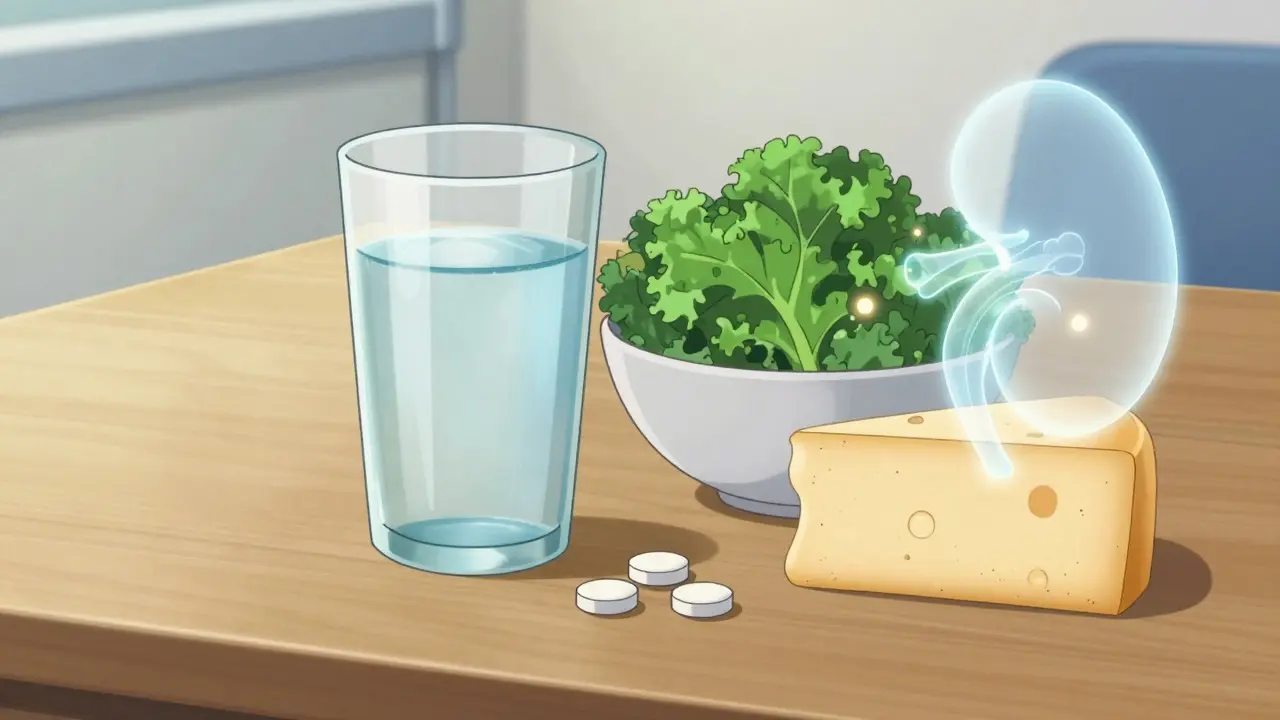 Anime style arrangement of calcium supplements, kale, and dairy with a conceptual kidney overlay.