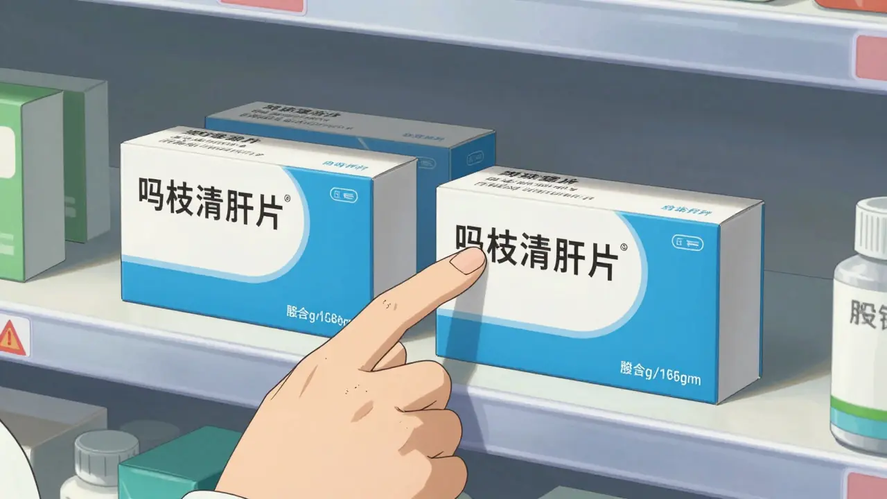 Anime style close-up of two nearly identical blue medicine boxes on a pharmacy shelf.