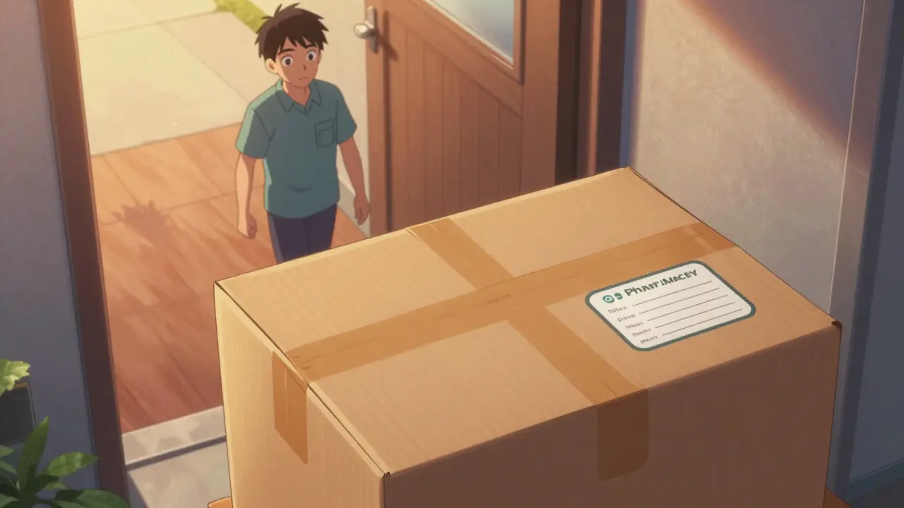 Anime style delivery package from a licensed pharmacy arriving at a home doorstep.
