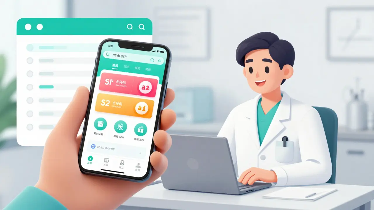 Anime style split screen showing a pharmacy discount app and a telehealth doctor consultation.