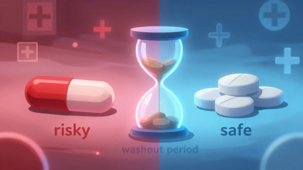 Conceptual anime illustration of switching from high-risk to safe medication over time.