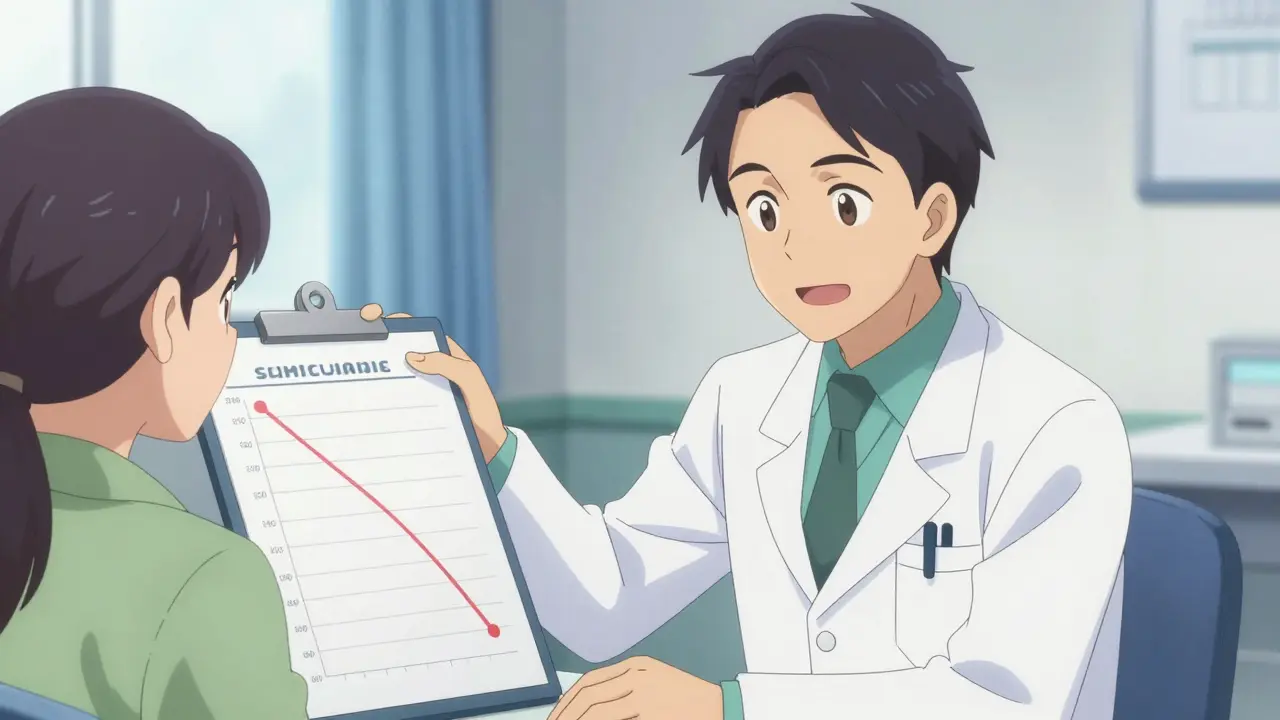 Doctor and patient discussing a medication tapering plan in anime style.
