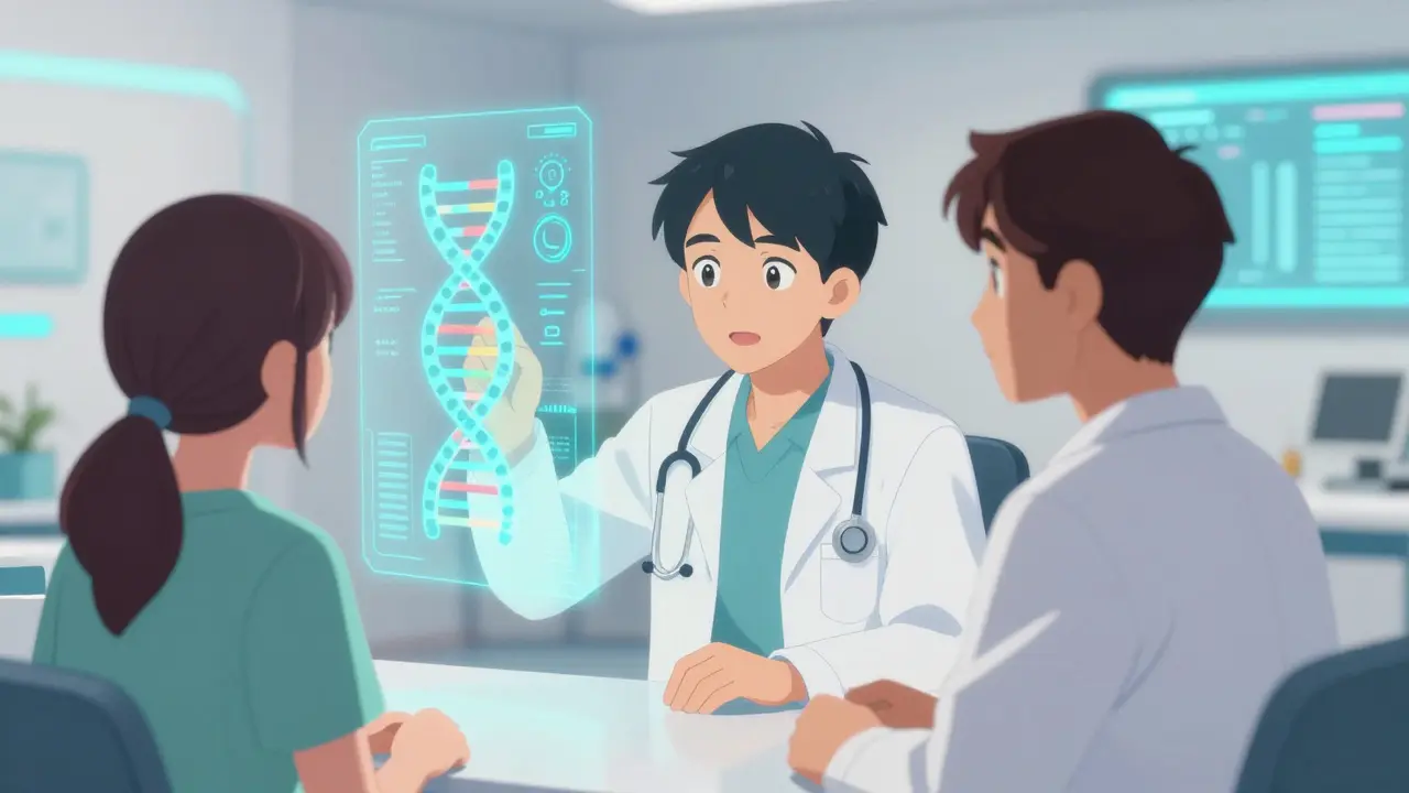 Doctor and patient reviewing genetic drug metabolism data using holograms in anime style.