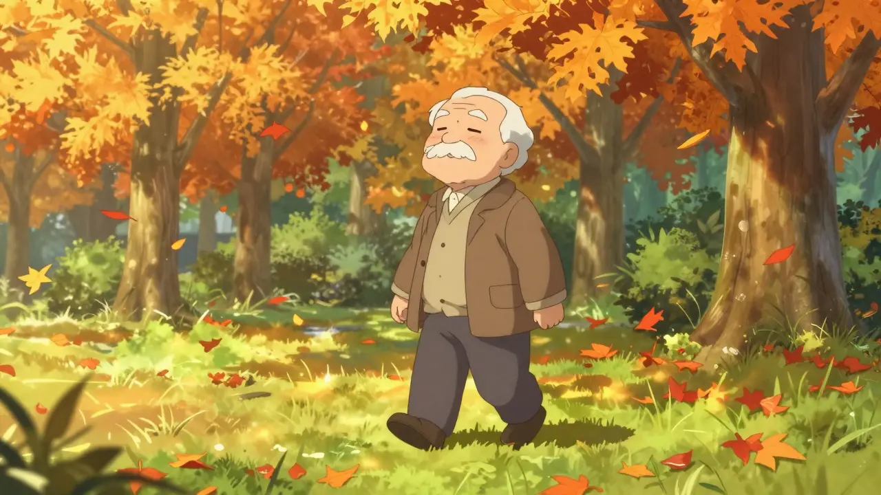 Elderly person walking happily in an autumn park in anime style.