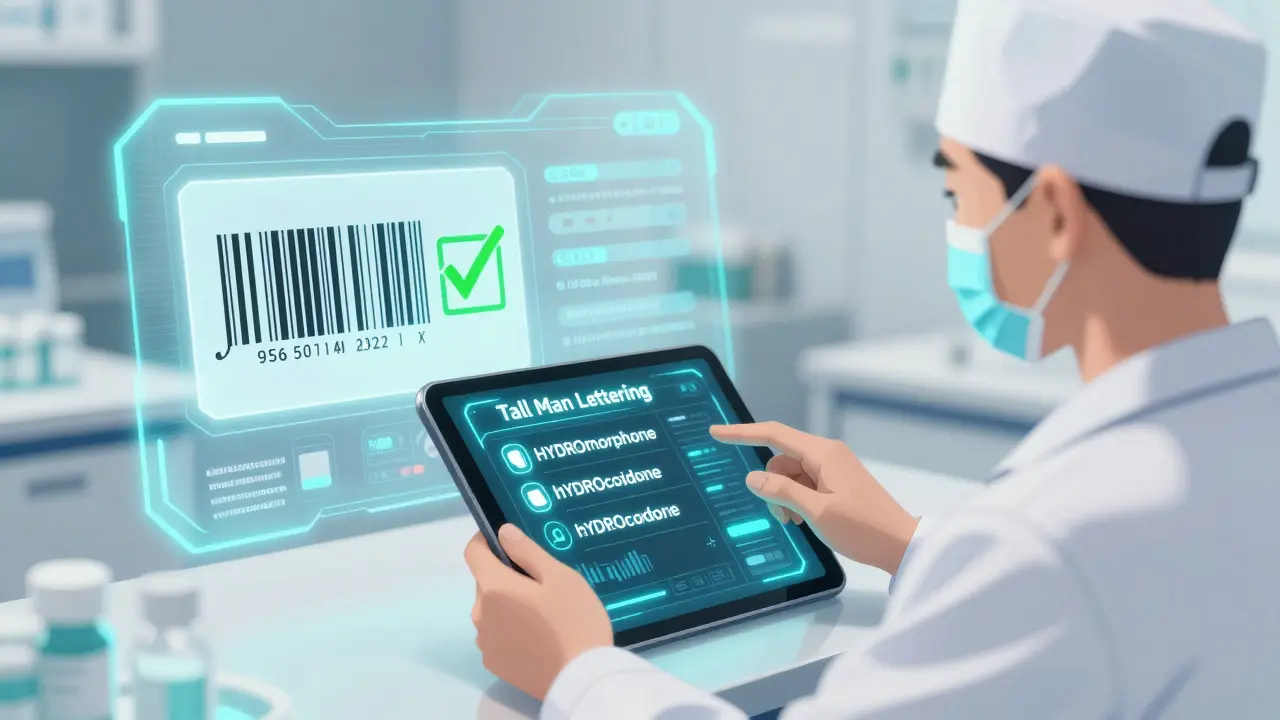 Healthcare worker using a digital interface with Tall Man lettering and AI barcode scanning.