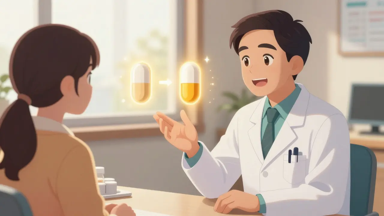 Patient and doctor discussing generic medication options in a clinic.