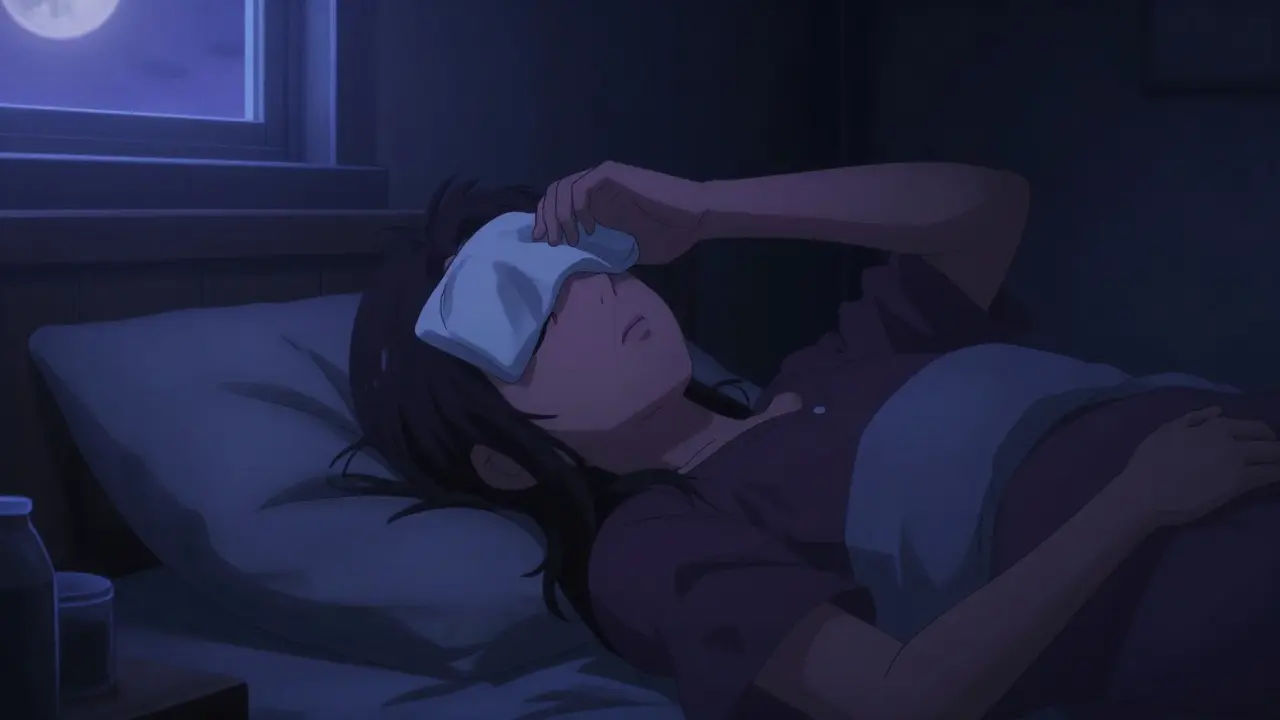 Person resting in a dark, blue-toned bedroom to recover from a migraine attack