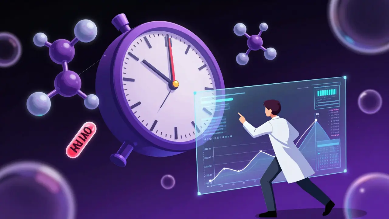 Scientist analyzing mRNA molecular data with a futuristic countdown clock