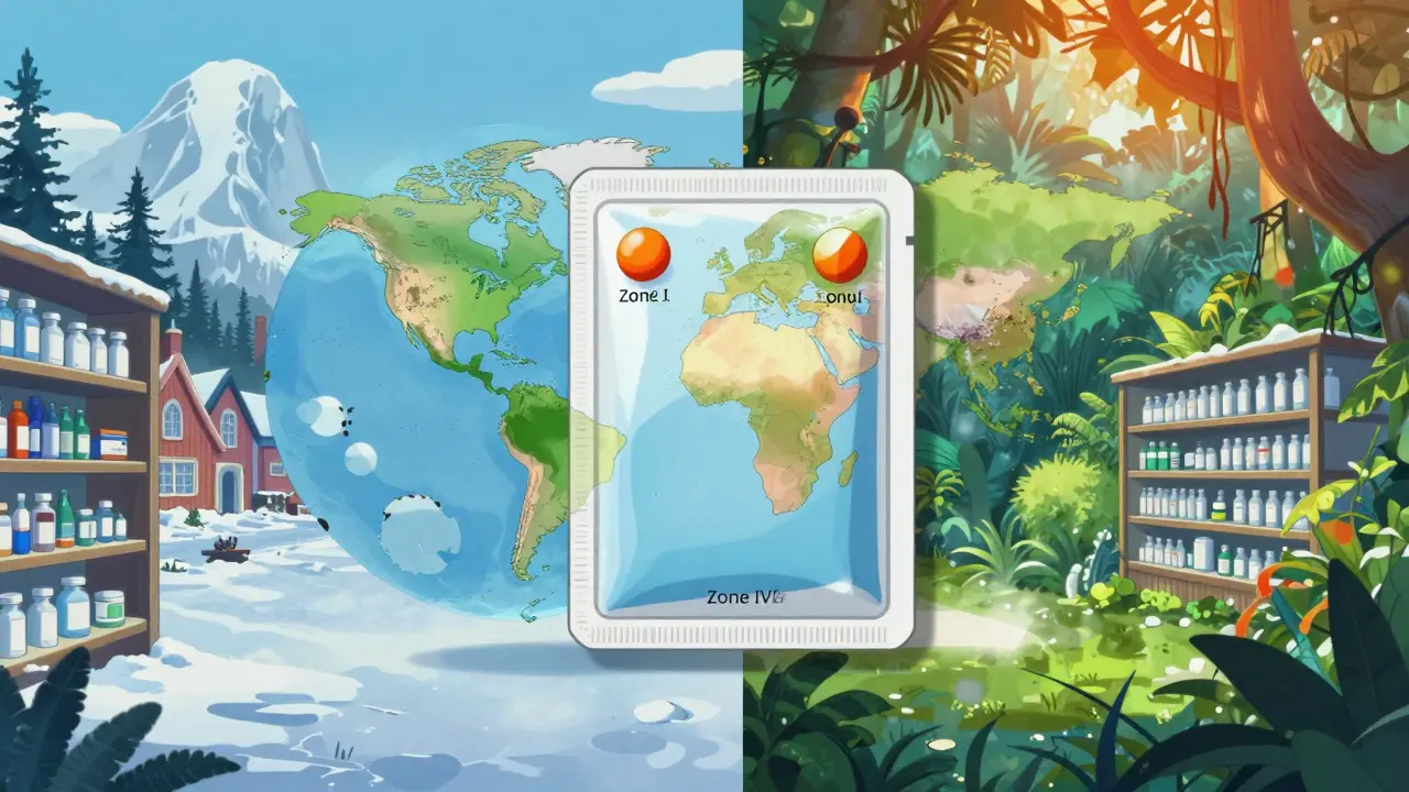 Split screen showing a temperate snowy village and a humid tropical jungle environment