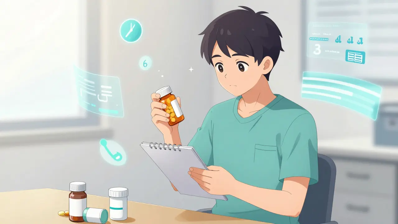 Anime character gathering pill bottles and notes to prepare information for an emergency call.