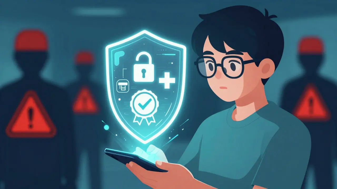 Anime character verifying online pharmacy safety with a digital shield