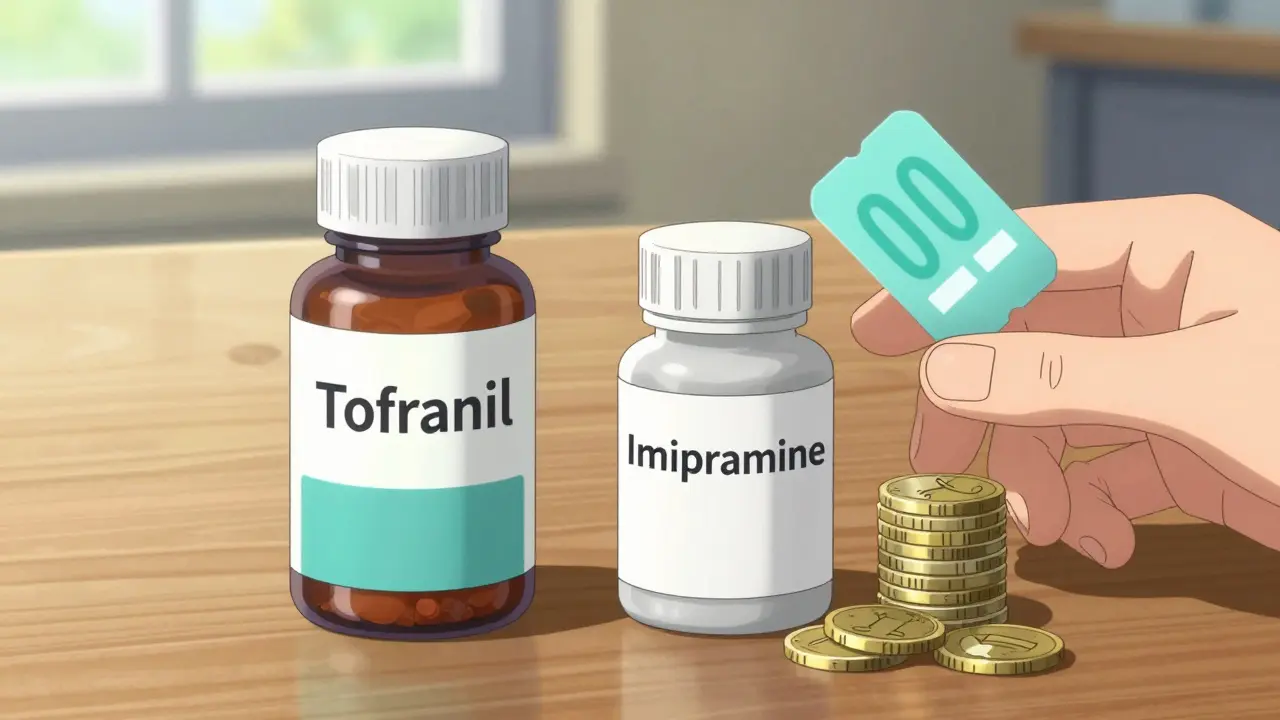 Anime comparison of brand-name vs generic Tofranil pills showing cost savings