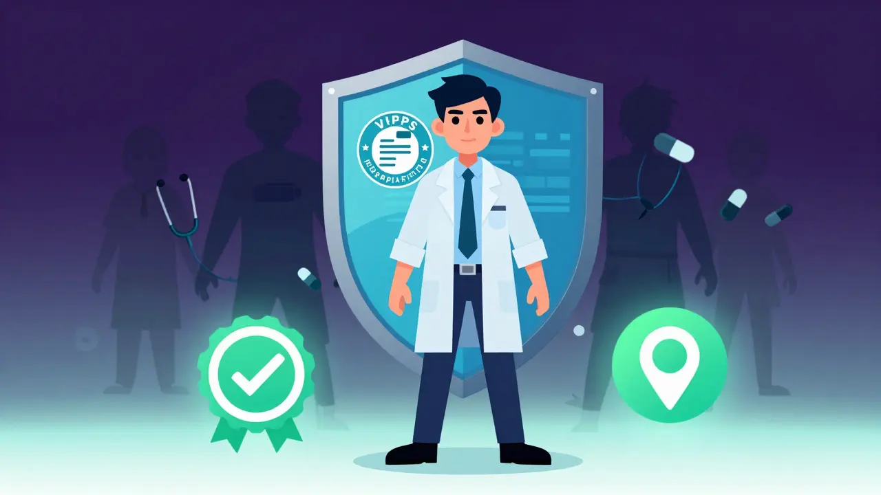 Anime detective protecting against fake online pharmacies with a safety shield.