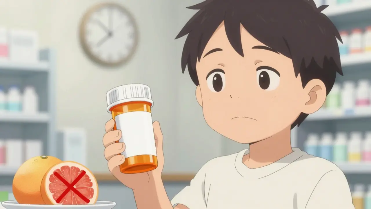 Anime patient holding medication near a crossed-out grapefruit, showing safety tips.