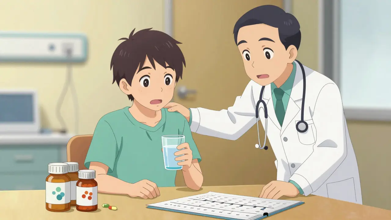 Anime patient taking medication with support from a healthcare worker.