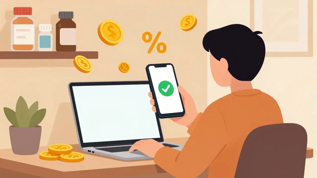 Anime person saving money on meds with floating gold coins and coupons