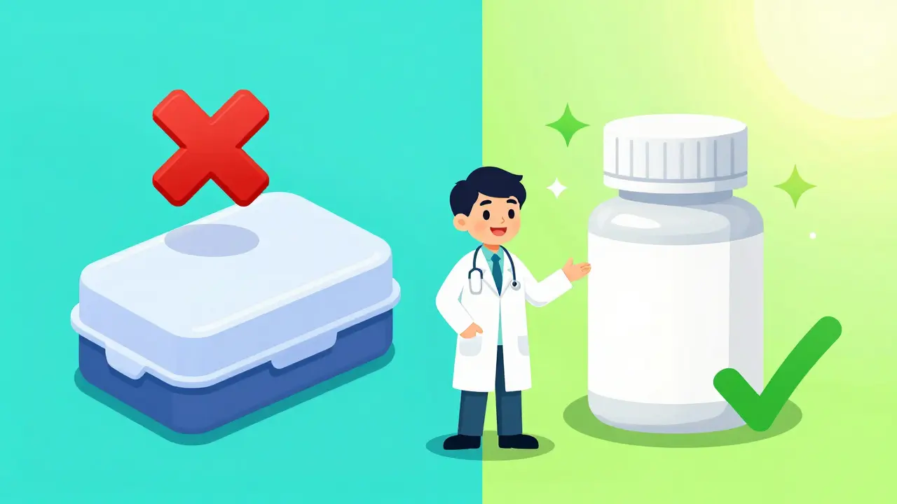 Anime pharmacist pointing to affordable generic pills versus expensive brand name.