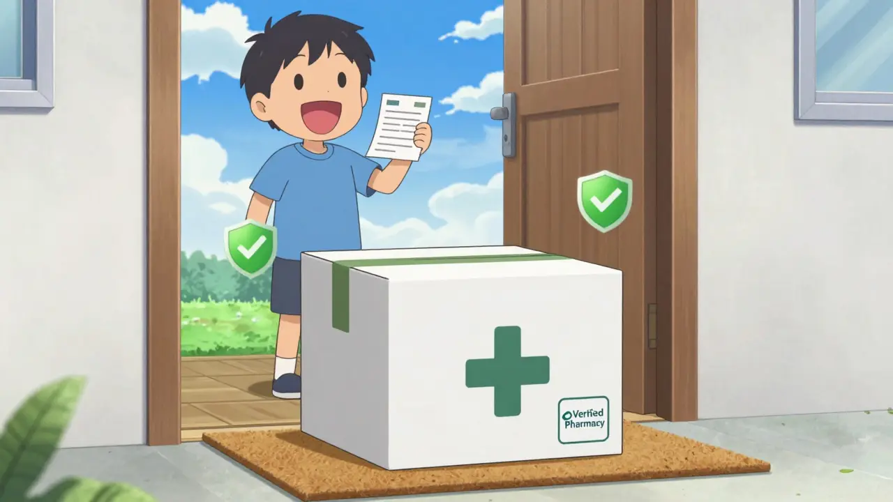 Anime safe medication delivery package with verified pharmacy seal at door