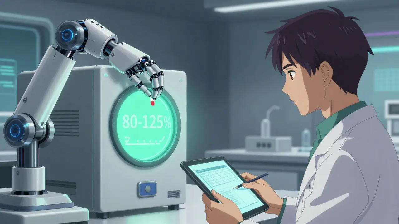Anime scientist reviewing pill approval in high-tech lab