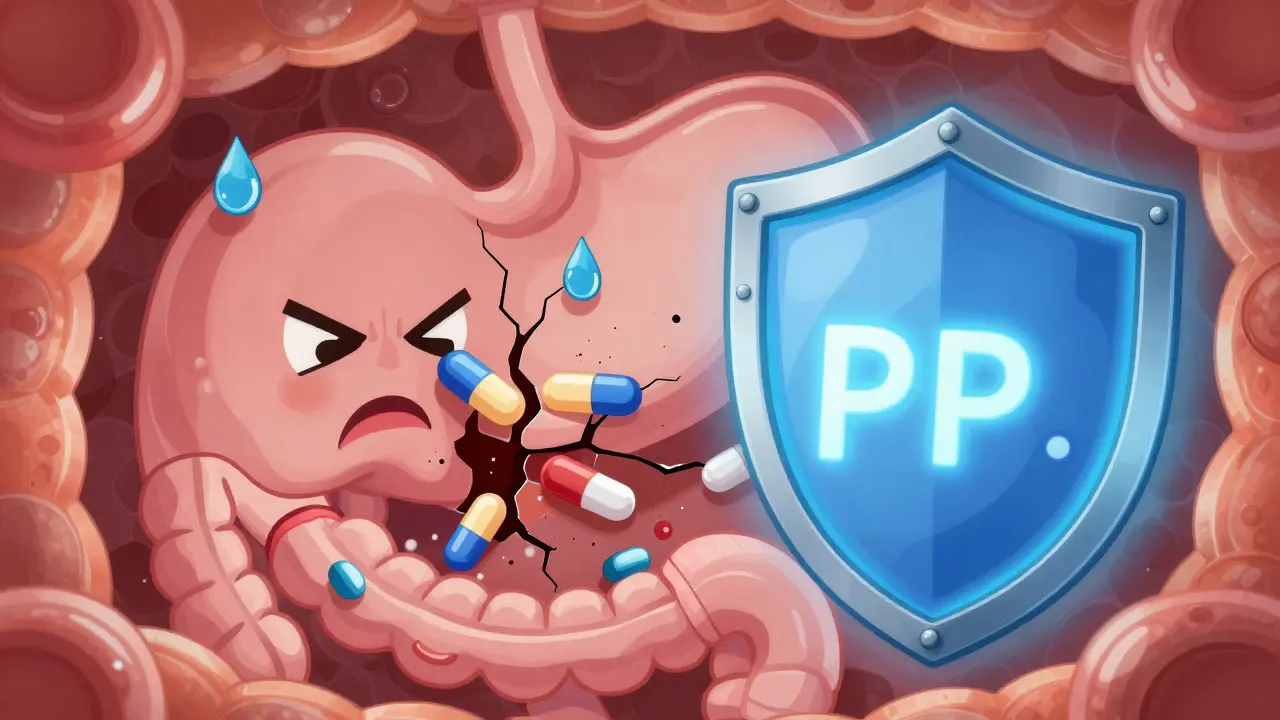 Anime stomach lining being protected by a shield from acid damage.