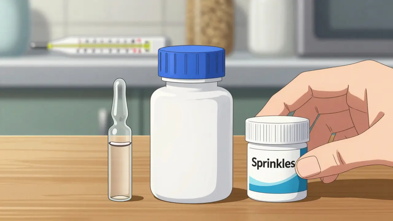 Close-up of generic topiramate tablets, capsules, and liquid solution on a table.