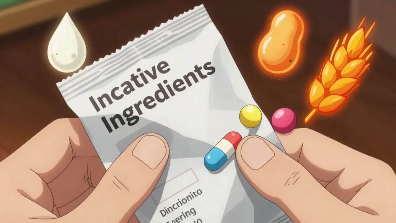 Close up of package insert listing inactive ingredients with allergen icons
