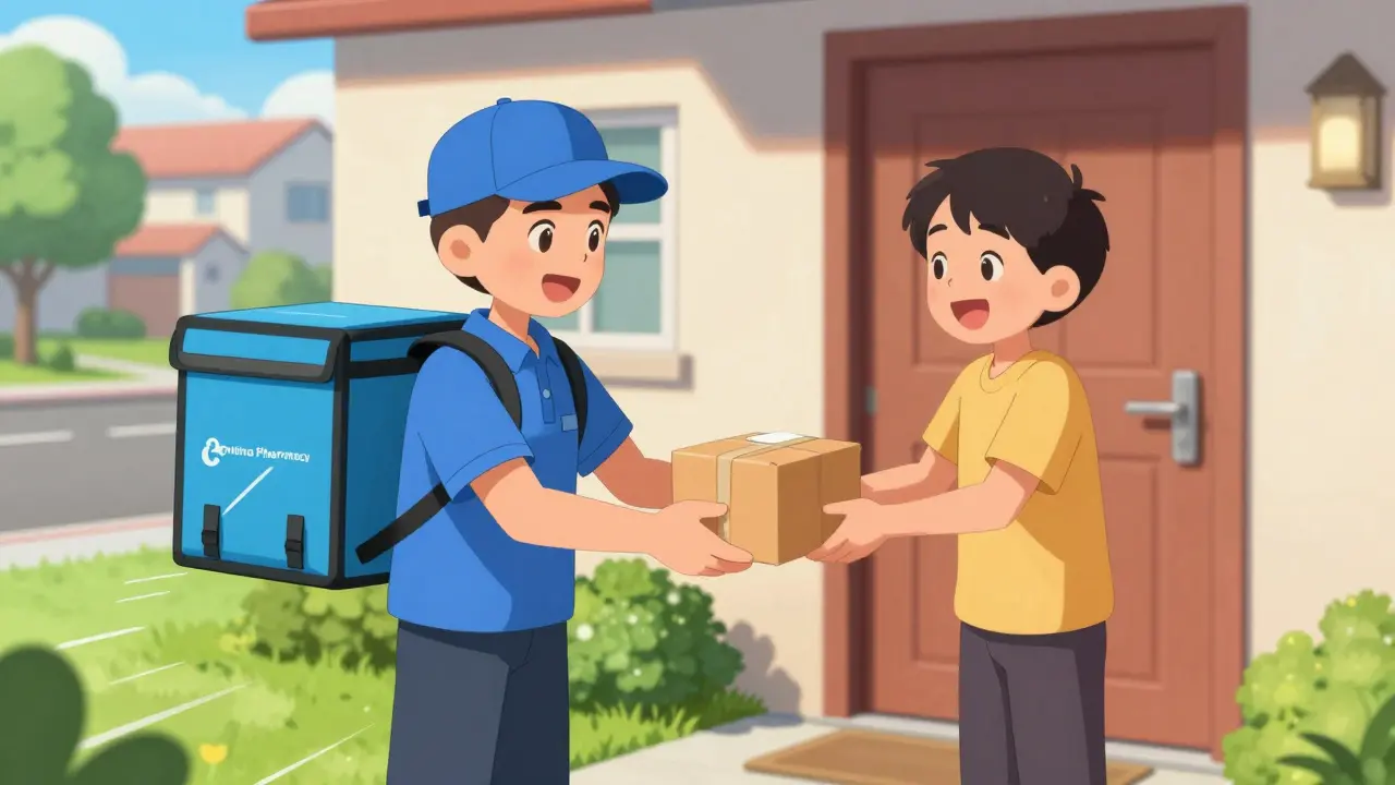 Delivery person handing medication package to happy patient at door