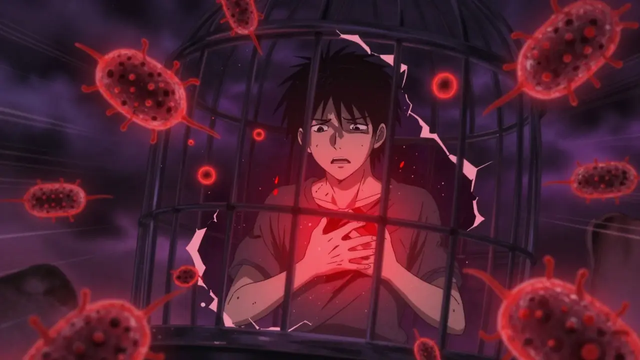 Distressed anime character as broken cage releases spreading red bacteria.