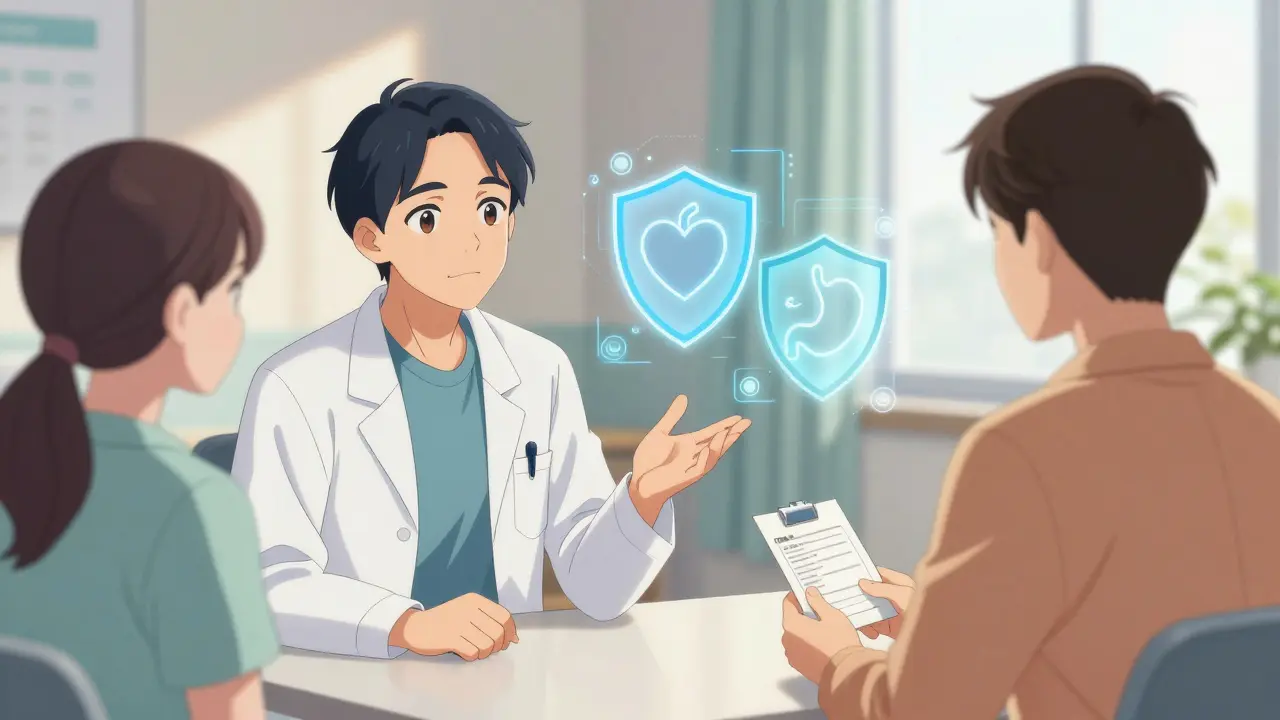Doctor reassuring a patient about balanced heart and stomach care.