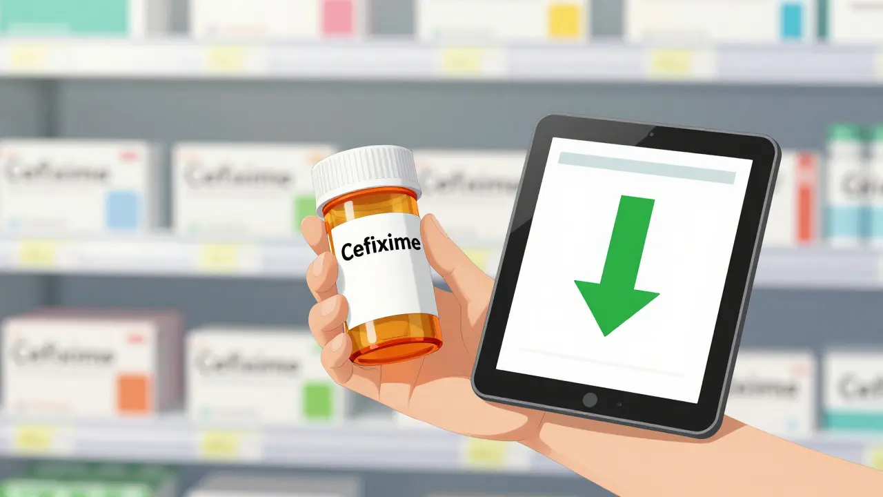 Hand holding antibiotic bottle next to tablet showing price savings