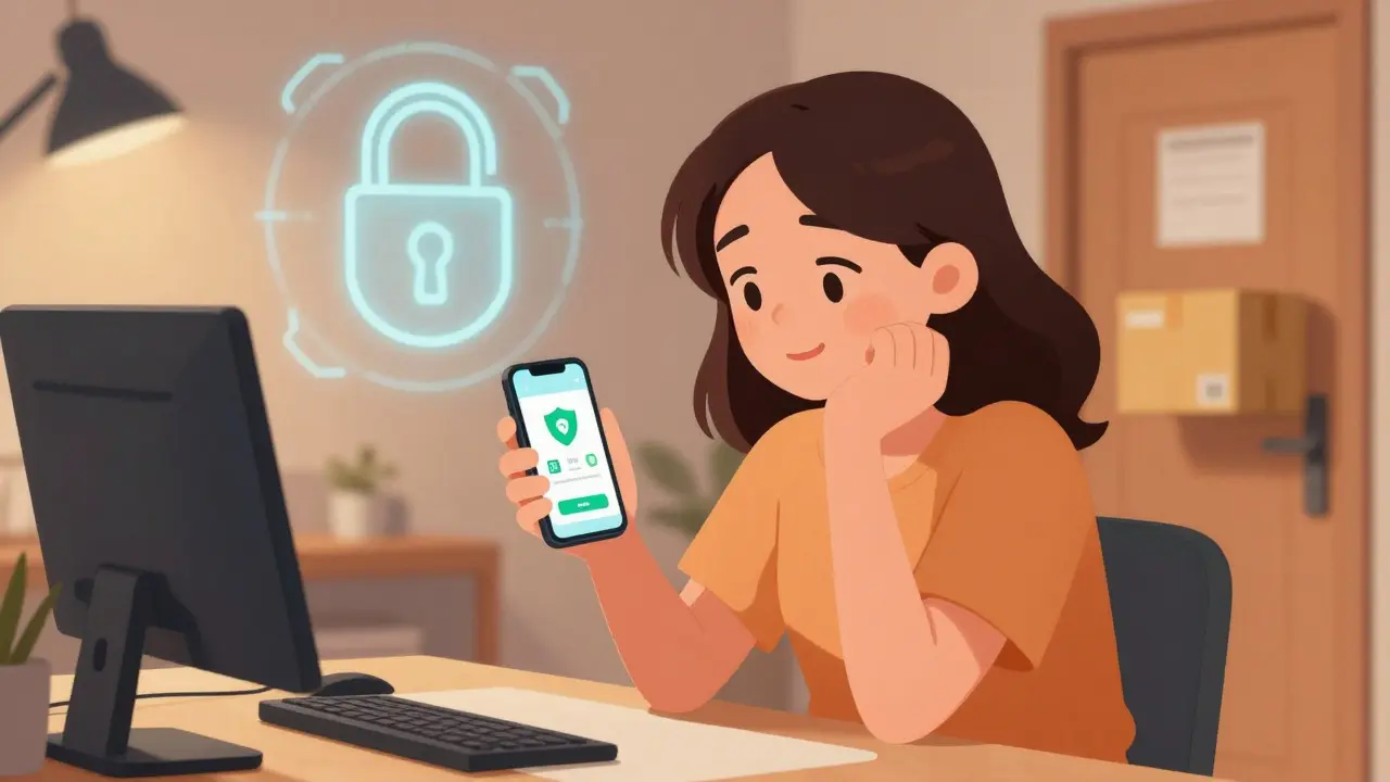 Happy anime woman using smartphone to order safe medication from verified pharmacy.