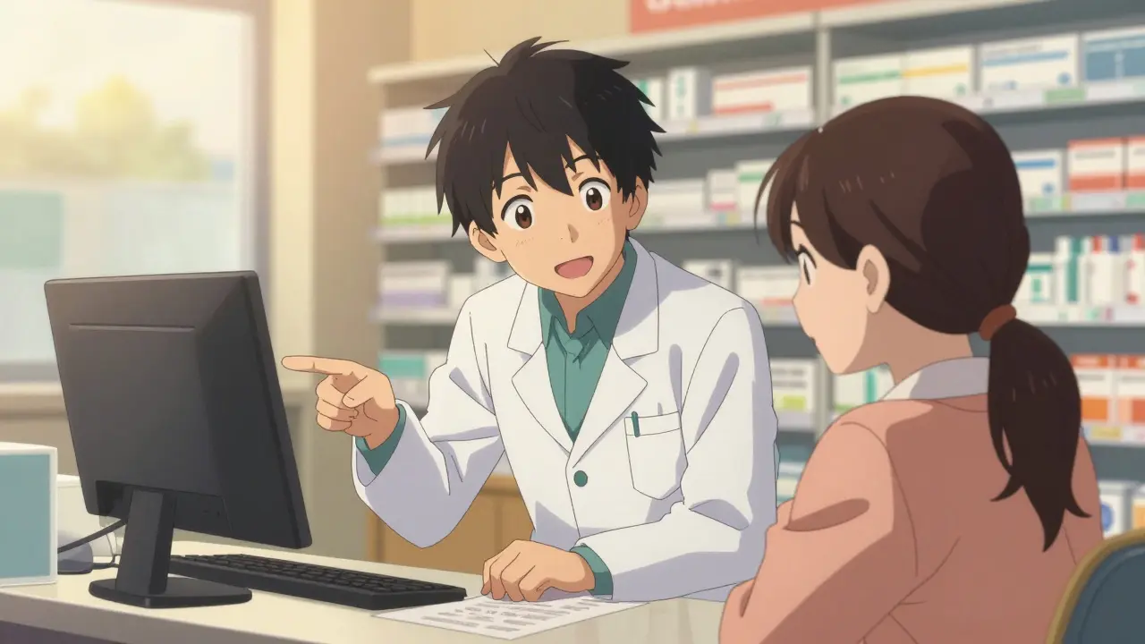 Pharmacist explaining medication details to a patient in anime style